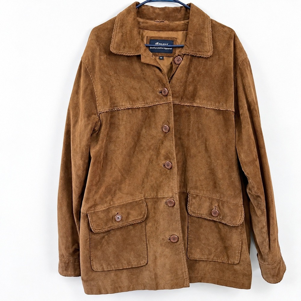 Amari Brown Suede Leather Safari Jacket Braided Trim Button Front Plus Size 2X